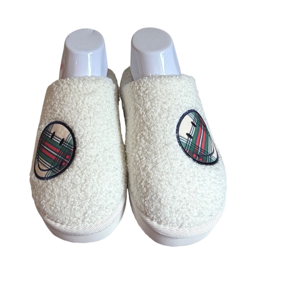 Aerie Sherpa Platform Slippers Cream White Plaid Smiley Face Mules Womens 7